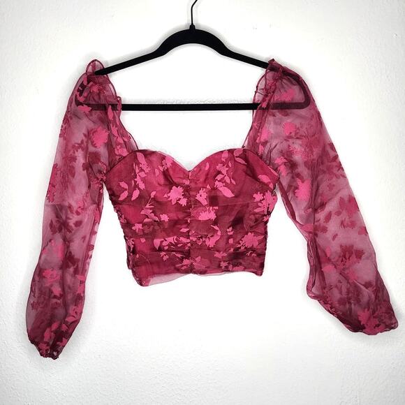 Lovers + Friends Octavia Crop Top in Magenta Corset Balloon Sleeve Tulle Blouse - Picture 2 of 9